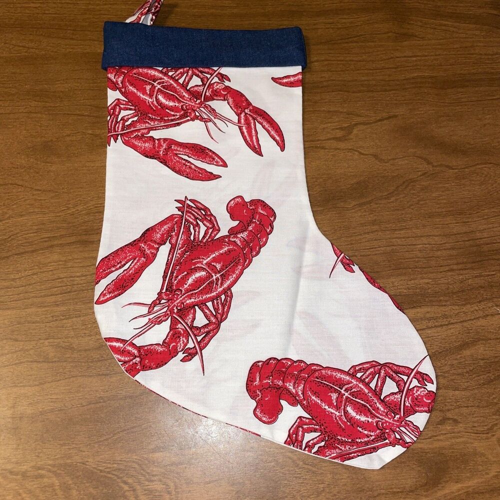 Lobster And Denim Christmas Stocking, Beach Holiday Decor 7x15 Inches